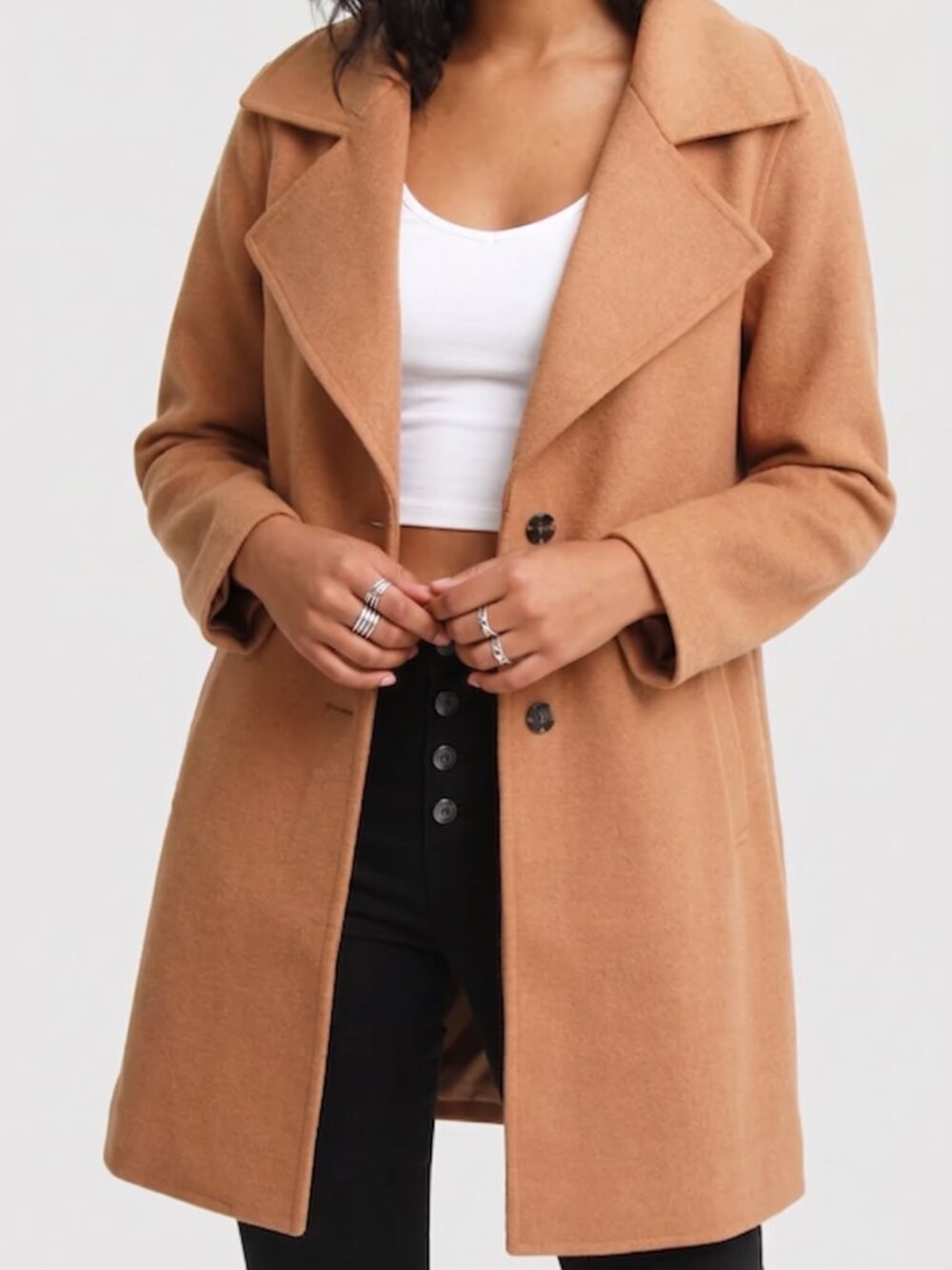 Belle & Bloom Camel Wool Blend Snap Front Coat Tan Jacket Minimalist Women's M